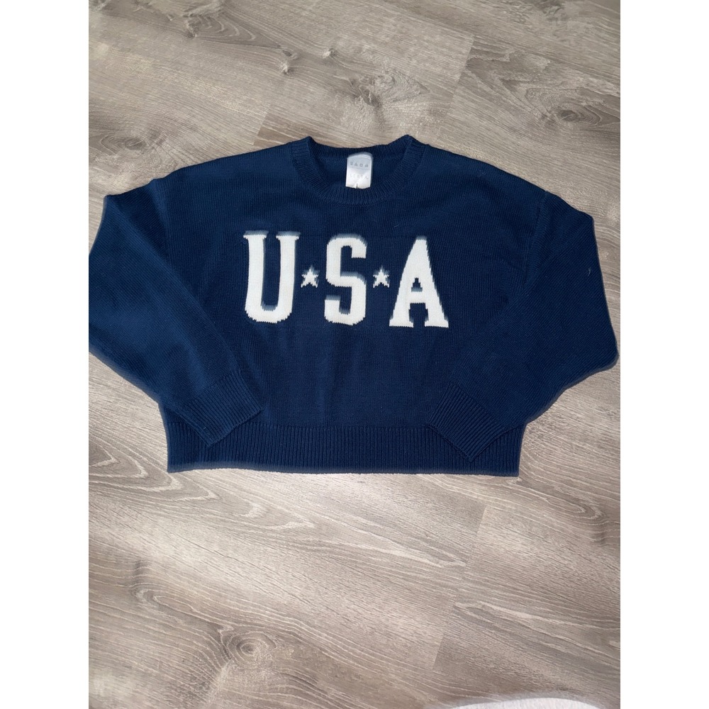 Serra Womens Navy Blue USA Graphic Knit Sweater‎ Stars Crewneck Large